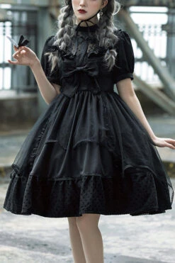 Black Elegant Round Collar Bowknot Short Sleeves High Waisted Gothic Lolita OP Dress