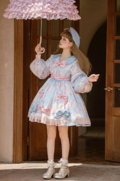 Pink/Blue Doll Collar Long Sleeves Rabbit Candy Paper Print High Waisted Sweet Lolita OP Dress -LolitaInside 163b91291ec39d3360c64182e2eeddd6