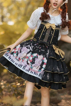 Black Multi-Layer Ruffled Note Bear Print Sweet Lolita JSK Dress