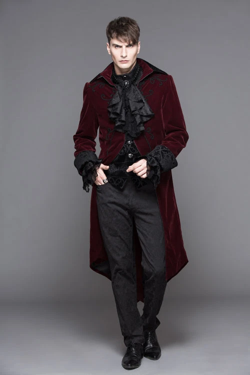 Red Party Fake Two Pieces Velvet Mens Gothic Long Coat 6 Red Party Fake Two Pieces Velvet Mens Gothic Long Coat - Image 4