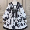 White/Black Navy Collar Headbow Ruffled Stitching Cow Print Sweet Lolita OP Dress