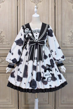 White/Black Navy Collar Headbow Ruffled Stitching Cow Print Sweet Lolita OP Dress