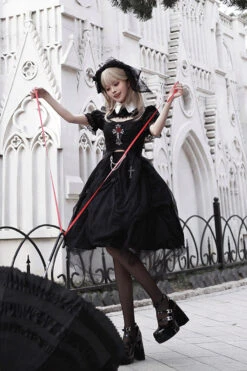 Black Rose Embroidered Cutout Top Irregular Short Sleeves Gothic Lolita Dress Set -LolitaInside 1846a25807a0a0dba6e5c0d282abac60