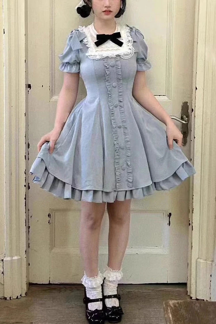 Light Blue Annie's Gift Short Sleeves Bowknot Short Version Sweet Lolita Dress (Plus Size Support) 3 Light Blue Annie's Gift Short Sleeves Bowknot Short Version Sweet Lolita Dress (Plus Size Support)
