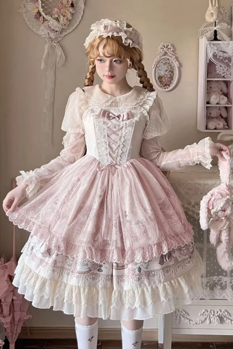 Apricot Sleeveless Rose Prologue Print Ruffle Bowknot Sweet Elegant Princess Lolita Jsk Dress 4 Apricot Sleeveless Rose Prologue Print Ruffle Bowknot Sweet Elegant Princess Lolita Jsk Dress - Image 2