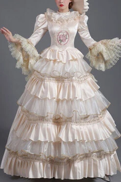 Champagne Hime Sleeves High Waisted Ruffled Multi-Layer Victorian Lolita Prom Tiered Dress