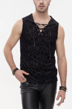 Black Punk Velvet Jacquard Chest Tie Sleeveless Hooded Men's Shirt