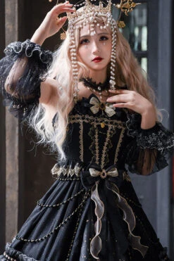 Black Starry Night Square Collar Bowknot Multi-Layer Ruffled Cardigan Gothic Lolita JSK Dress With Detached Sleeves -LolitaInside 1a52384e066a4d09763f5dfec8427b8e