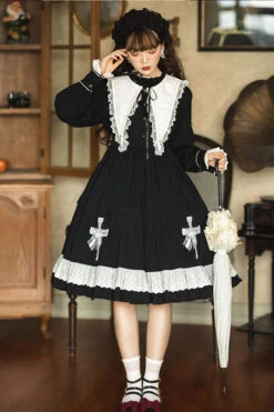 Dark Black Temple Of The Cross Doll Collar High Waisted Long Sleeves Multi-Layer Ruffled Gothic Lolita OP Dress -LolitaInside 1a9e7fdb385a60e0509c1a0693d78948