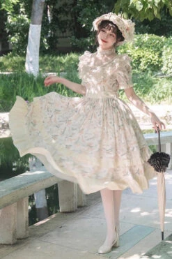 Multi-Color Daisy Print Cherry Embroidery Edwardian Collar Short Sleeves Sweet Lolita Dress -LolitaInside 1aab456520087b4416673bfcc8afb7e0