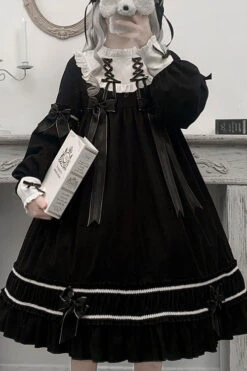 Black Bowknot Ruffled Long Sleeves Lolita OP Gothic Lolita Dress
