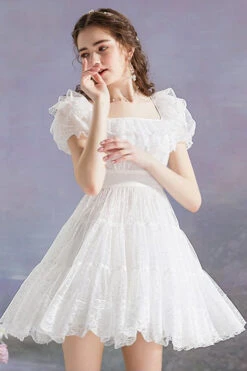 White Vintage Square Collar Ruffled Princess Short Sleeve Dot Print High Waisted Mesh Sweet Lolita Dress -LolitaInside 1bfee21decbcaf72991fb480f3f10f27