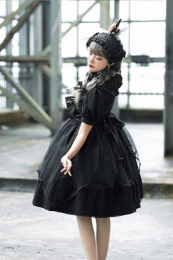 Black Elegant Round Collar Bowknot Short Sleeves High Waisted Gothic Lolita OP Dress -LolitaInside 1c77239514f3bfe4b098f27620d642b8