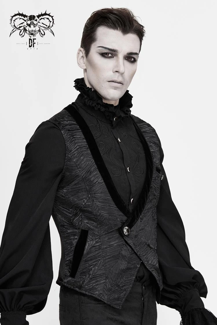 Black Velveteen Asymmetrical Pleated Splice Waist Loop Men's Gothic Waistcoat 4 Black Velveteen Asymmetrical Pleated Splice Waist Loop Men's Gothic Waistcoat - Image 2