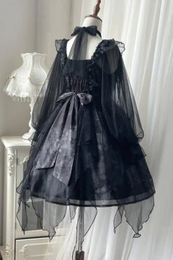 Black Ruffled Strap Mesh Lantern Sleeves High Waisted Irregular Hem Gothic Lolita OP Dress -LolitaInside 1ce267cebb1fff967edabe9de4cb35d5