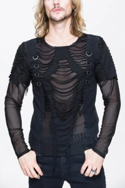 Black Knitted Diamond Mesh Mens Punk T-Shirt With Ribbons