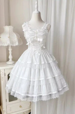 White Sleeveless Multi-layer Ruffle Bowknot Sweet Princess Lolita Jsk Dress -LolitaInside 1ce84c6eef2110233b90d1bdc1cc8841