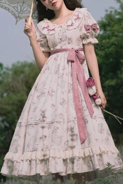White Flower Print Short Sleeves Bowknot Ruffled Sweet Lolita OP Dress