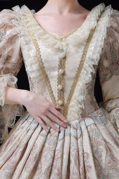 Champagne Trumpet Sleeves Lace Stitching High Waisted Hollow Embroidery Print Victorian Lolita Prom Dress -LolitaInside 1d0408bb6fde7b4614975c1558fb013f