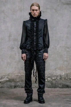 Black Side Discoid Flowers Back Waist Lace Up Gothic Jacquard Mens Pants -LolitaInside 1d8037563b88761fd8b6ae3fbe411782