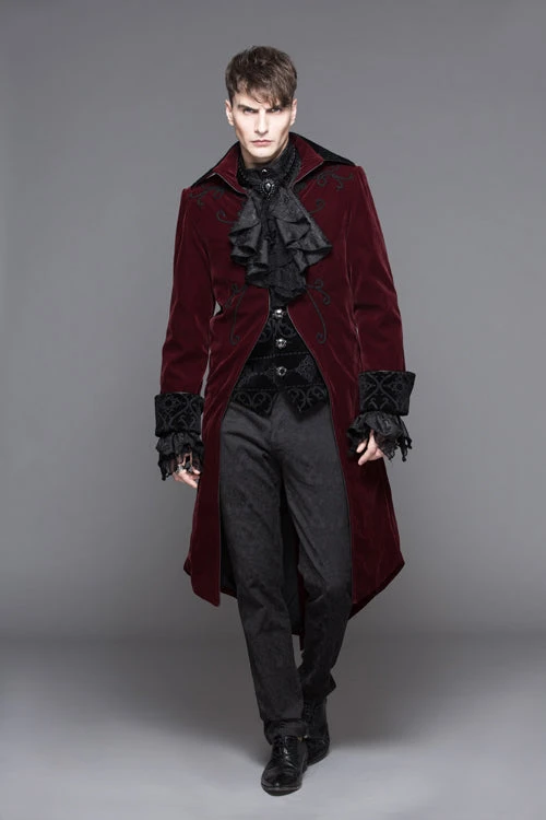 Red Party Fake Two Pieces Velvet Mens Gothic Long Coat 5 Red Party Fake Two Pieces Velvet Mens Gothic Long Coat - Image 3