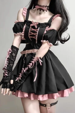 Black/Pink Tie Bow Gothic Sweet Lolita Strapless Skirt Dress 2 Pieces Set -LolitaInside 1de9ed7b35026c3d8558c334e3a19537