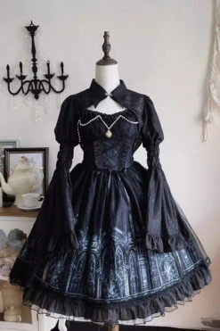 Black Sleeveless Church Of Silent Night Print Ruffle Gothic Lolita Jsk Dress -LolitaInside 1e26f24dc7569d388ca1f47e7d644244