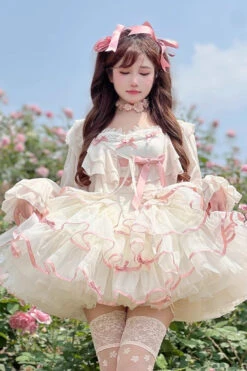 Pink/Beige Ballerina Style Bowknot Slim Fluffy Princess Sweet Lolita Tiered Dress -LolitaInside 1e95e9044a39640d20b325bfc088a185