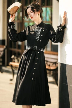 Black Mysterious Long Sleeves Chinese Style Single Breasted High Waisted Print Hanfu Dress -LolitaInside 1efd74339f664db9afe42412de2790b1