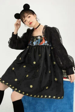 Black Square Neck Organza Print Ruffled Lantern Sleeves High Waisted Sweet Lolita OP Dress -LolitaInside 1f352e623619c3a0f50f1607b3bdfd8c
