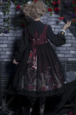 Black/Red Lapel Collar Long Sleeves High Waisted Printed Gothic Lolita OP Dress -LolitaInside 1f9600d3df6741a3d5fa5c2658fb3216