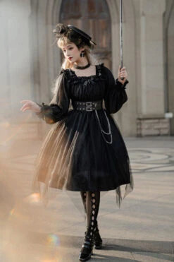 Black Square Collar Metal Chain Organza Stitching Gothic Lolita OP Dress (Short Version) -LolitaInside 1fa6ab5bcd3df6cdbb42dadc27ba472d