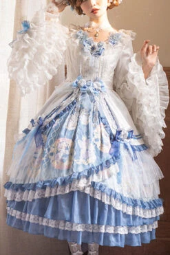 Blue/White Three Dimensional Flower Embroidery Hanayome Long Sleeves Bowknot Multi-Layer Ruffled Sweet Lolita OP Dress