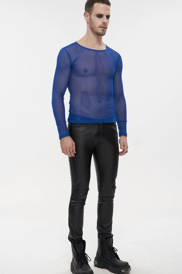 Blue Gothic Elasticity High Neck Long Sleeve Mesh Men's Shirt 6 Blue Gothic Elasticity High Neck Long Sleeve Mesh Men's Shirt - Image 4