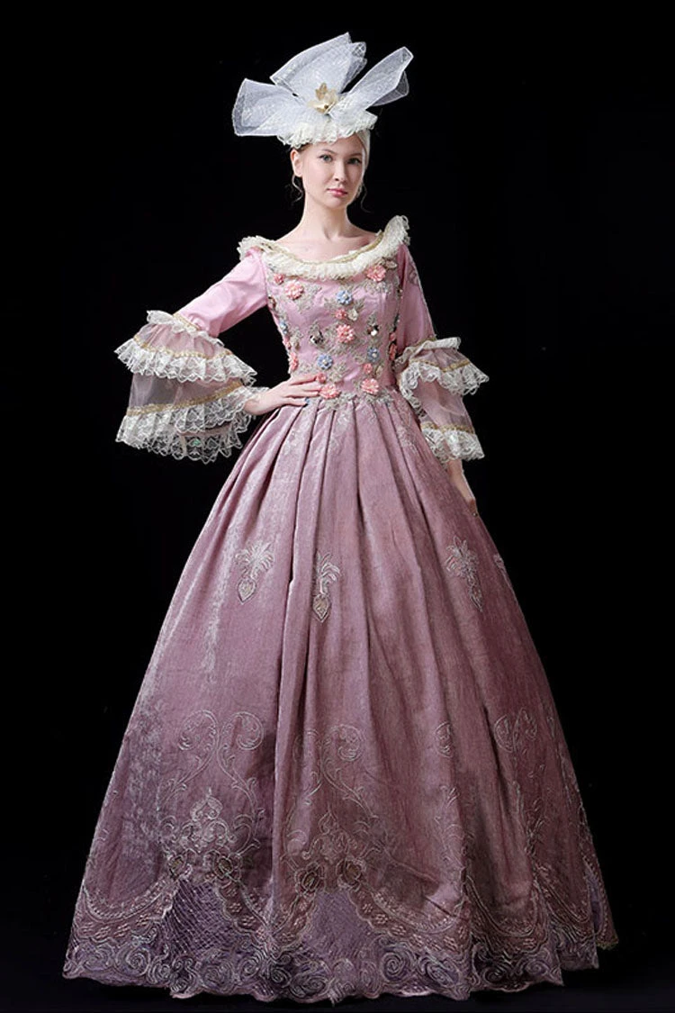 Pink Multi-Layer Trumpet Sleeves High Waisted Three Dimensional Flower Hollow Embroidery Print Victorian Lolita Prom Dress 5 Pink Multi-Layer Trumpet Sleeves High Waisted Three Dimensional Flower Hollow Embroidery Print Victorian Lolita Prom Dress - Image 3