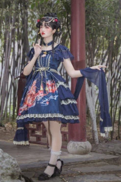 Round Collar Ruffled Short Sleeves Elegant Print High Waist Classic Lolita Dress -LolitaInside 200cb50cfd1a6ab19126c5364a1cb08f