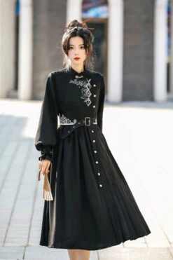 Black Mysterious Long Sleeves Chinese Style Single Breasted High Waisted Print Hanfu Dress -LolitaInside 202bb51240b3ccc0a55931b2b80fe3a3