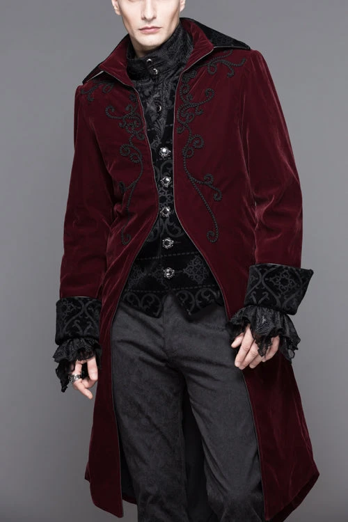 Red Party Fake Two Pieces Velvet Mens Gothic Long Coat 3 Red Party Fake Two Pieces Velvet Mens Gothic Long Coat