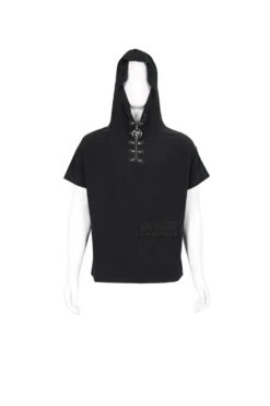 Black Hooded Mesh Splice Zipper Back Openwork Lace-Up Casual Short Sleeve Men's Punk T-Shirt -LolitaInside 204a80d07513111e097b070f9fb33b4c