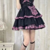Black/Pink Plaid Print Color Contrast Leather Buckle Bowknot Ruffle Gothic Lolita JSK Dress -LolitaInside 20ead971788f418358e43e126bc01ec9