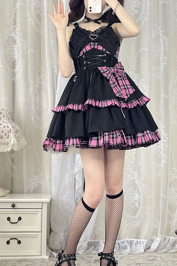 Black/Pink Plaid Print Color Contrast Leather Buckle Bowknot Ruffle Gothic Lolita JSK Dress 3 Black/Pink Plaid Print Color Contrast Leather Buckle Bowknot Ruffle Gothic Lolita JSK Dress