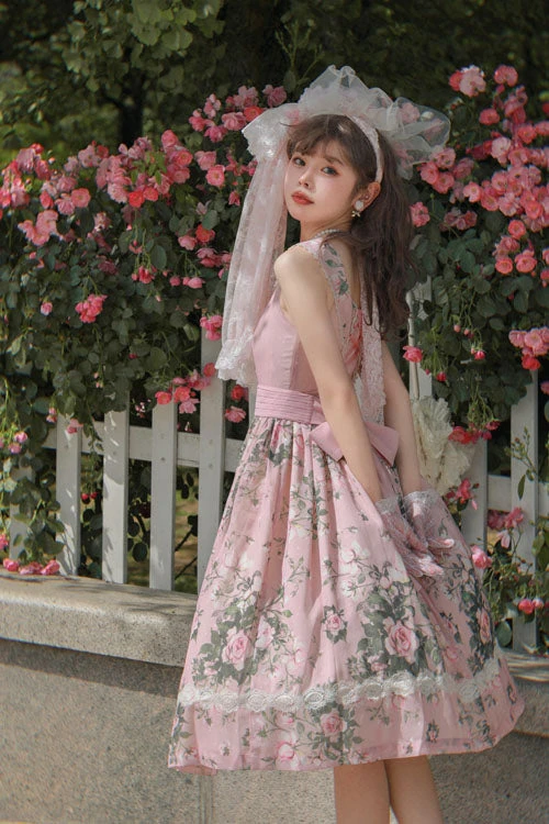 Pink Elegant Vintage French Rose Floral Print V Collar Sleeveless Ruffled Classic Lolita JSK Dress 8 Pink Elegant Vintage French Rose Floral Print V Collar Sleeveless Ruffled Classic Lolita JSK Dress - Image 6