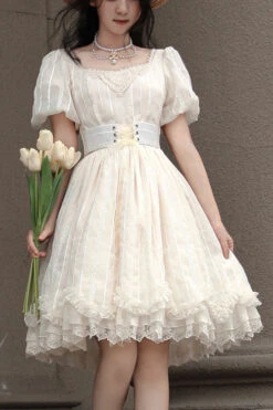 Elegant Vintage Tulip Square Collar Lantern Sleeves Multi-Layer Ruffled Classic Lolita OP Dress Short Version