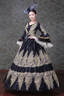 Black Trumpet Sleeves High Waisted Hollow Embroidery Print Victorian Lolita Prom Dress -LolitaInside 226b7d7b04d99e8282cecef316d955e6