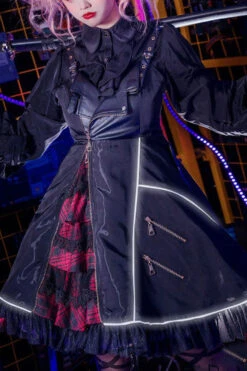 Black Stitching Zipper Cardigan Ruffled Multi-Layer Gothic Lolita Jsk Dress (Will Shine At Night)