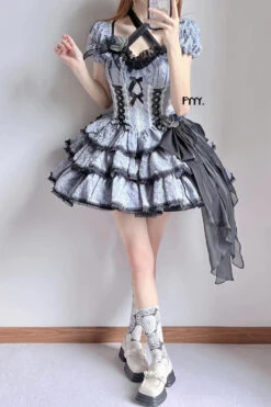 Black/Blue Medea Kiss Short Sleeves Gothic Lolita Op Tiered Dress 11 Black/Blue Medea Kiss Short Sleeves Gothic Lolita Op Tiered Dress -LolitaInside 22f7cd7bd7408e77ec02b4926eade2a1