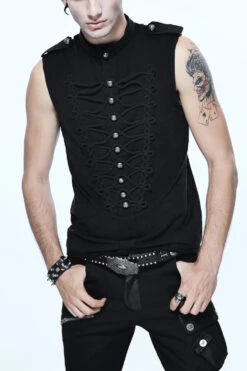 Black Military Uniform Style Chest Chinese Frog Button Sleeveless Men's Punk T-Shirt