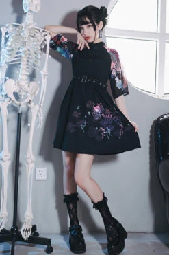 Black Stand Collar Hundred Ghosts Night Walk Colorful Print Short Sleeves High Waisted Sweet Lolita Dress -LolitaInside 2326670e69d61e5bba6b8bfc35e8fcbf