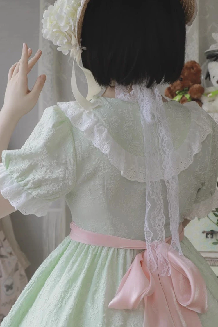 Green Short Sleeves Rose Print Ruffle Bowknot Sweet Lolita Dress 6 Green Short Sleeves Rose Print Ruffle Bowknot Sweet Lolita Dress - Image 4