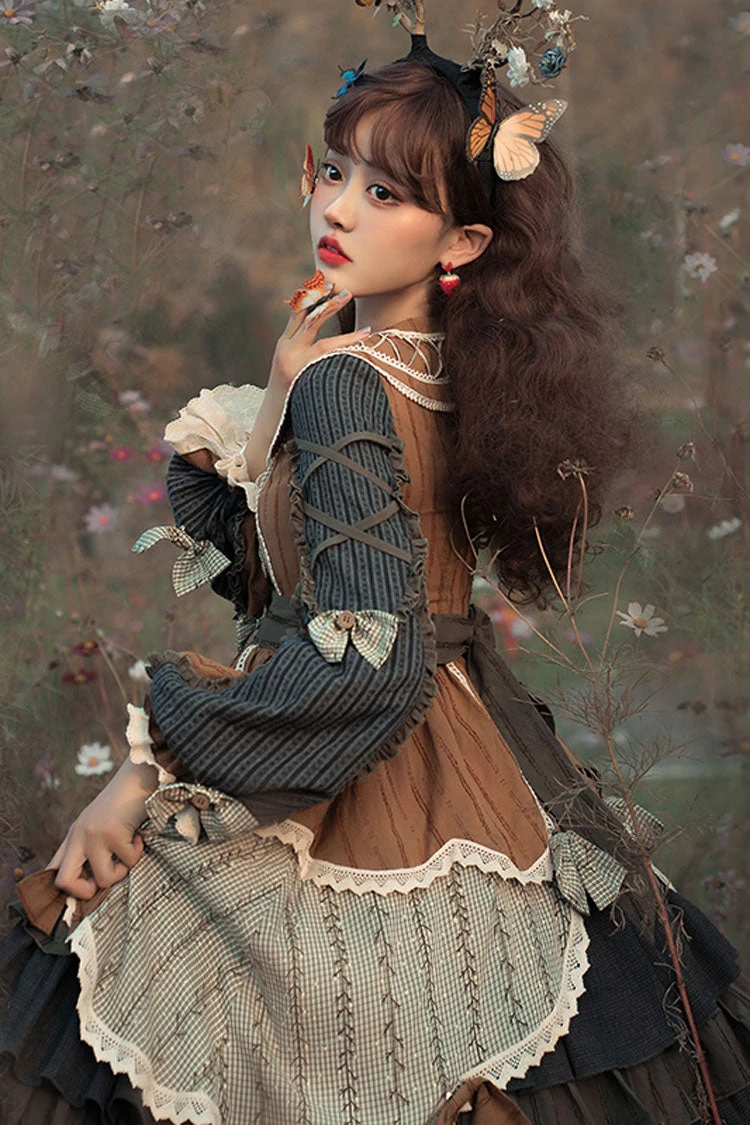 Multi-Color Retro Pastoral Style Stitching Color Ruffled Tiered Classic Lolita Op Dress (Belt Is Included) 4 Multi-Color Retro Pastoral Style Stitching Color Ruffled Tiered Classic Lolita Op Dress (Belt Is Included) - Image 2